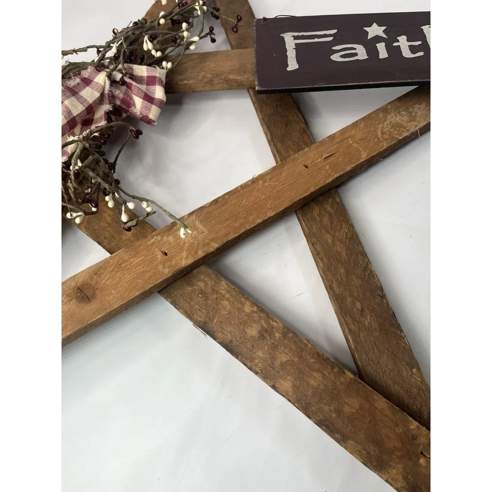 Primitive Wooden Faith Star Wall Hanging Rustic Country Farmhouse Wreath